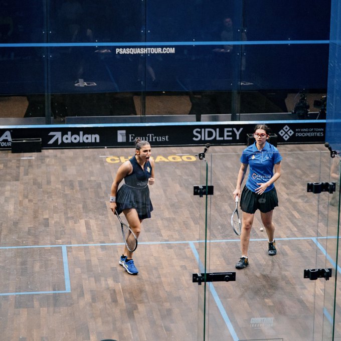 Amina Orfi celebrates her round three victory against Amina Orfi at the PSA World Championships 