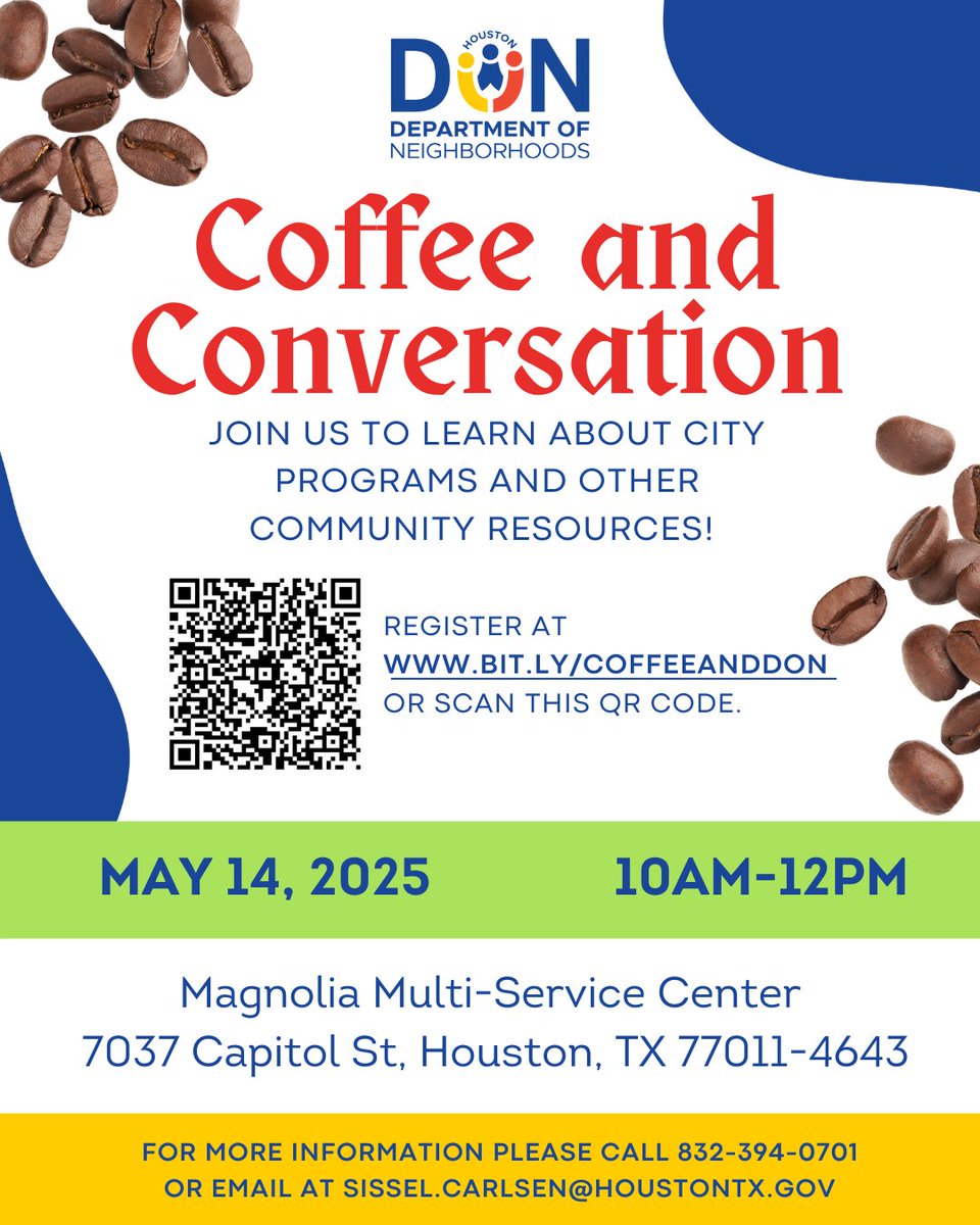 Join us for Coffee &amp; Conversation!

Connect with your community &amp; explore local city resources over a warm cup of coffee!

May 14, 2025 | 10AM-12PM | Magnolia Multi-Service Center (7037 Capitol St., Houston)