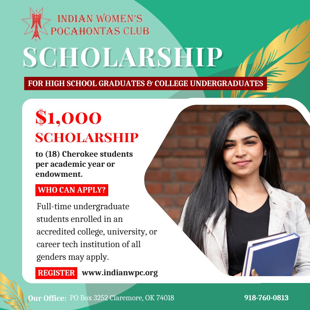 🎓 Calling all Cherokee high school grads and college undergrads! The Indian Women’s Pocahontas Club is now accepting scholarship applications for the 2025–2026 academic year! 🌟

📅 Deadline to apply: June 30, 2025
🔗 Learn more: indianwpc.org