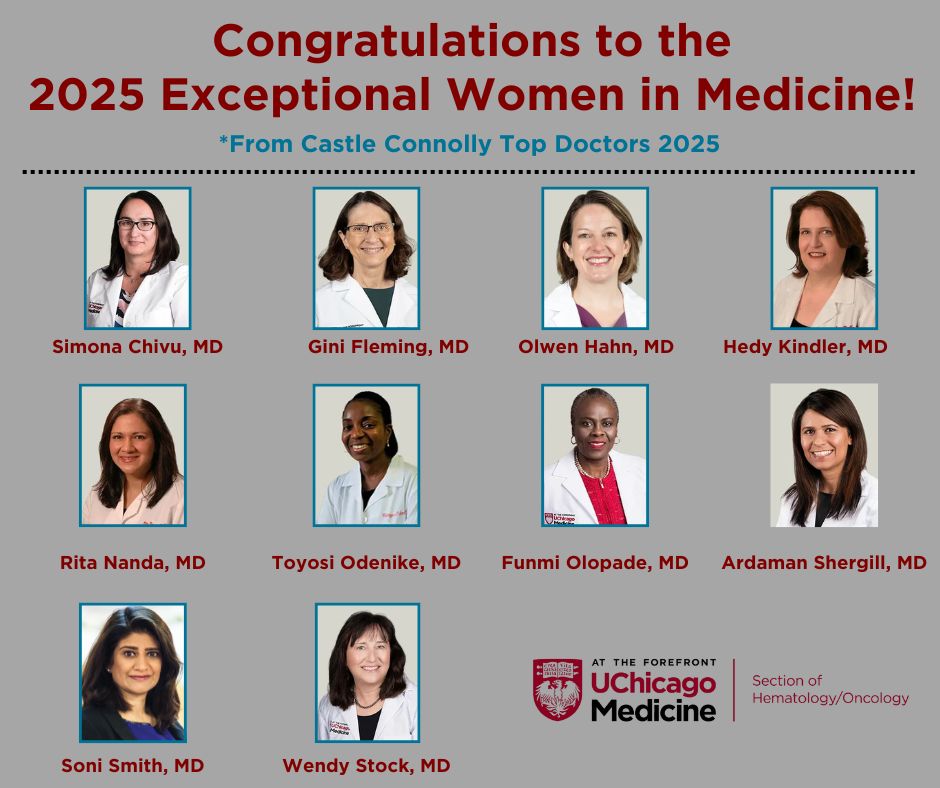 University of Chicago Hematology/Oncology (@uchicagohemonc) on Twitter photo Congratulations to our fantastic faculty who were named Exceptional Women in Medicine by <a href="/CastleConnolly/">Castle Connolly Top Doctors</a> for 2025!!! Incredibly well-deserved by all!!
<a href="/UCCancerCenter/">UChicagoCancerCenter</a> <a href="/UChicagoMed/">UChicago Medicine</a> Congratulations to our fantastic faculty who were named Exceptional Women in Medicine by <a href="/CastleConnolly/">Castle Connolly Top Doctors</a> for 2025!!! Incredibly well-deserved by all!!
<a href="/UCCancerCenter/">UChicagoCancerCenter</a> <a href="/UChicagoMed/">UChicago Medicine</a>