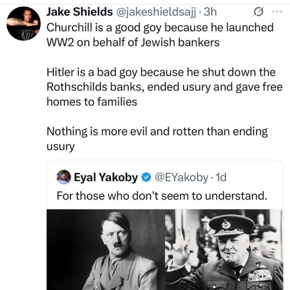 1. Churchill wasn't prime minister when WW2 started. Chamberlain was.

2. Hitler started the war, not Britain.

3. Churchill came in when Britain was being bombed by Nazis.

4. Hitler did not "end usury."

5. Hitler stole everything that belonged to Jews and gave it to the state