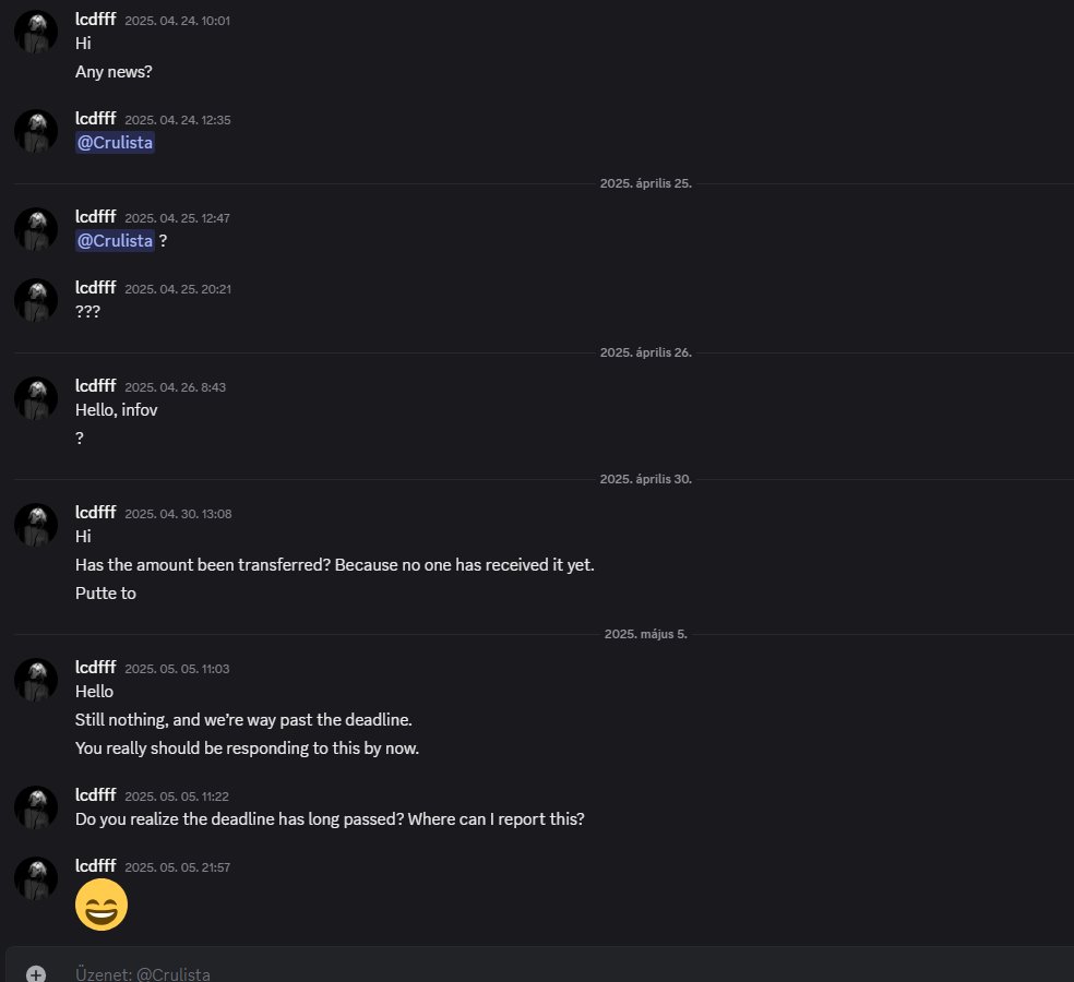 lcdFFF (@lcdffff) on Twitter photo Valorant Finnish League payout.
We won the tournament on March 4th, and according to the rules, the prize money was supposed to be paid out within a month. Since then, the admins have been lying non-stop—first they said it was already sent, then that the transfer was in progress Valorant Finnish League payout.
We won the tournament on March 4th, and according to the rules, the prize money was supposed to be paid out within a month. Since then, the admins have been lying non-stop—first they said it was already sent, then that the transfer was in progress