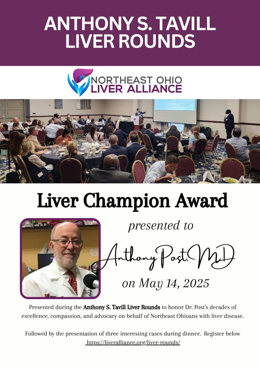 OHIOLIVER's tweet image. We are excited that Dr. Anthony Post will receive the Liver Champion Award at Wednesday's Anthony S. Tavill Liver Rounds, followed by the always-interesting cases presented by University Hospitals, MetroHealth, and Cleveland Clinic. liveralliance.org/liver-rounds/