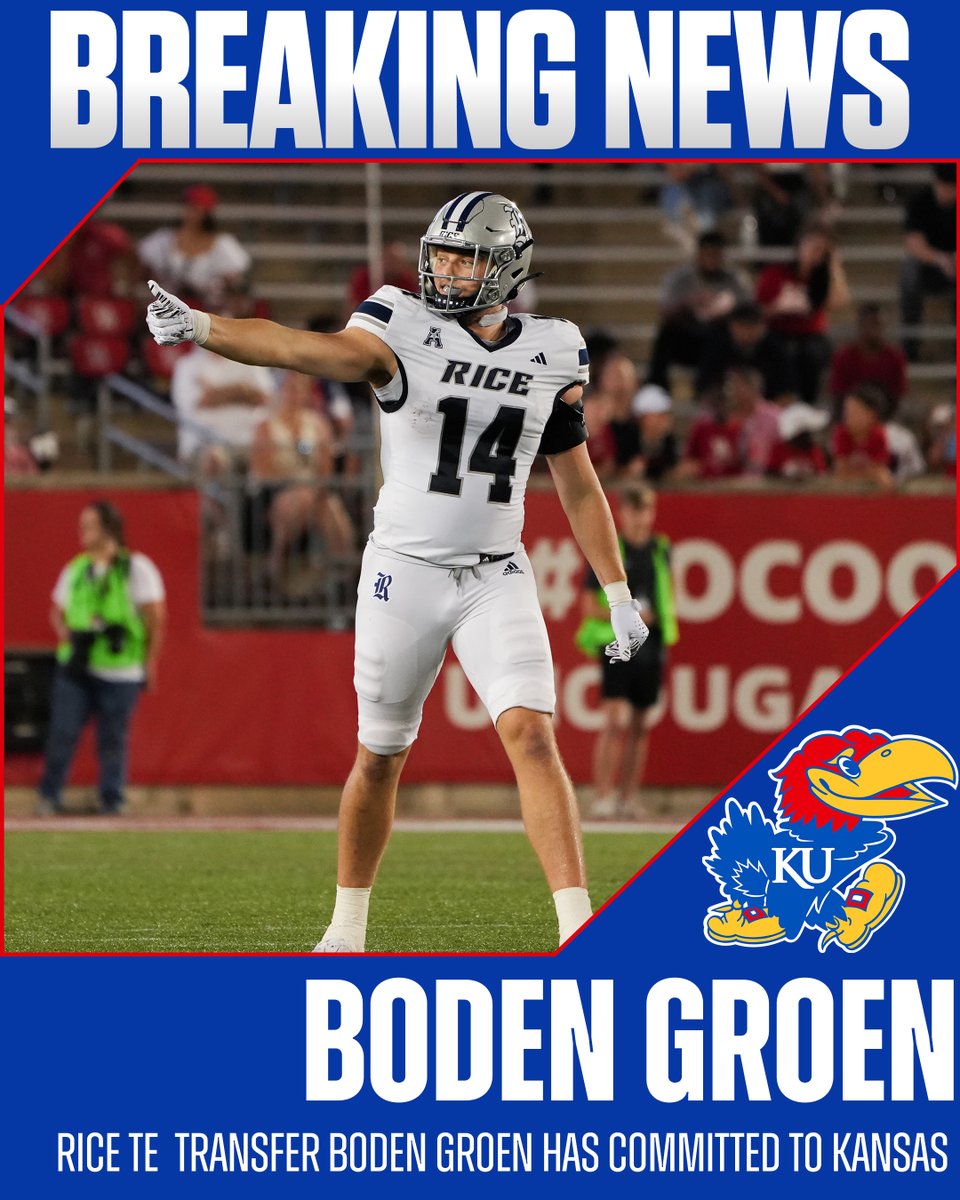 Michael Swain (@mswain247) on Twitter photo BREAKING: Rice TE transfer Boden Groen has committed to Kansas, his agent <a href="/viennatalent/">Evan Pobuta</a> tells me.
<a href="/247SportsPortal/">247Sports Transfer Portal</a> | #KUfball
More: 247sports.com/college/kansas… BREAKING: Rice TE transfer Boden Groen has committed to Kansas, his agent <a href="/viennatalent/">Evan Pobuta</a> tells me.
<a href="/247SportsPortal/">247Sports Transfer Portal</a> | #KUfball
More: 247sports.com/college/kansas…
