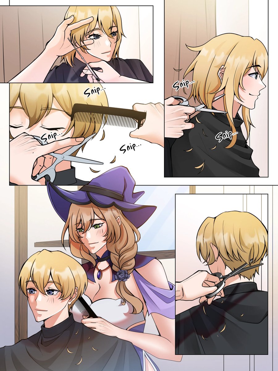 "Witch's Touch: A Fresh Cut" – Commissioned Piece

#CommissionArt #HaircutScene #AnimeCoupleVibes #WholesomeMoments #WitchAesthetic #FantasySliceOfLife #AnimeMagic #CuteInteraction #MangaPanel #DigitalArt #AnimeHaircut #BlushingBoys #AnimeStyle #ComfyVibes #WitchyWaifu #comm