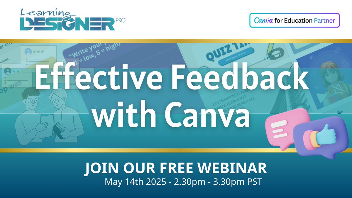 Free <a href="/CanvaEdu/">Canva Education</a> Webinar "Effective Feedback with Canva" on May 14th @ 2:30
• Polls &amp; Quizzes
• Commenting &amp; Collaboration
• Presentation Mode with Live Audience
• Customized Feedback Forms
• Video Feedback
• New Features Announced at #CanvaCreate
👉 events.teams.microsoft.com/event/ff213de2…