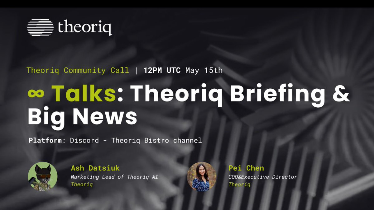 We’re hosting a Community Call this Wednesday at 12PM UTC on the Theoriq Discord.

Marketing Lead <a href="/incyd__/">Ash (🇺🇦,🤖)</a> and COO <a href="/PeiChen01/">Pei C.</a> will be sharing updates — including news on our latest social campaign, product teasers and more. 👀

👾 Join us here: discord.gg/theoriq