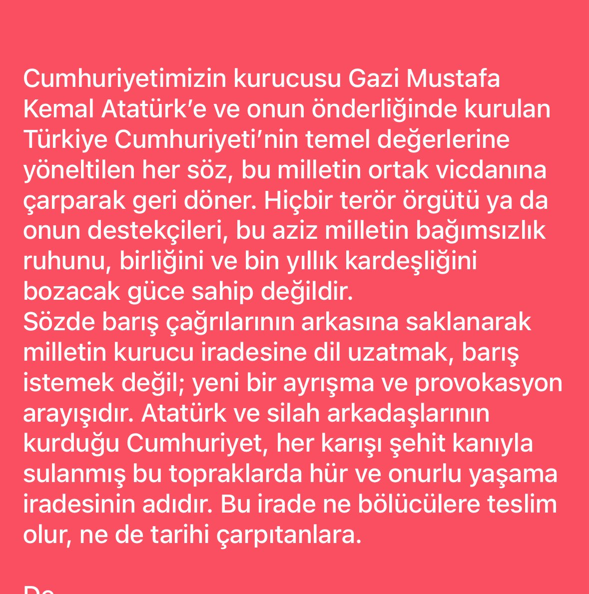 Türk devleti ve milletimiz, birlik ve bütünlük içinde, Cumhuriyet değerlerine sarılarak her türlü tehdidi aşacak kudrete sahiptir. <a href="/alibabacan/">Ali Babacan</a> <a href="/devapartisi/">DEVA Partisi</a> <a href="/istanbuldadeva/">DEVA Partisi İstanbul</a> <a href="/DevaPendikIlce/">Deva Partisi Pendik İlçe Başkanlığı</a>