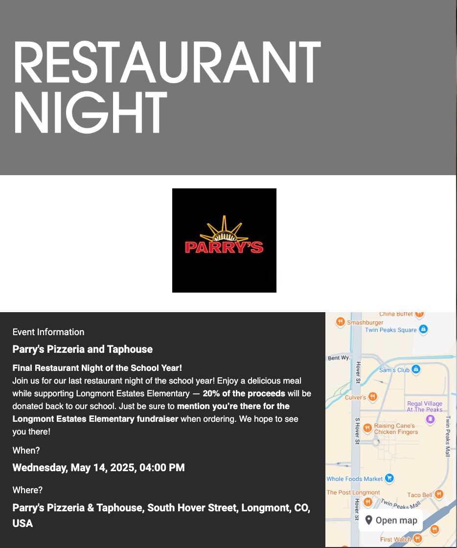 LongmontEstates's tweet image. Join us on Wednesday at Parry's Pizza! Have some great pizza for a great cause!