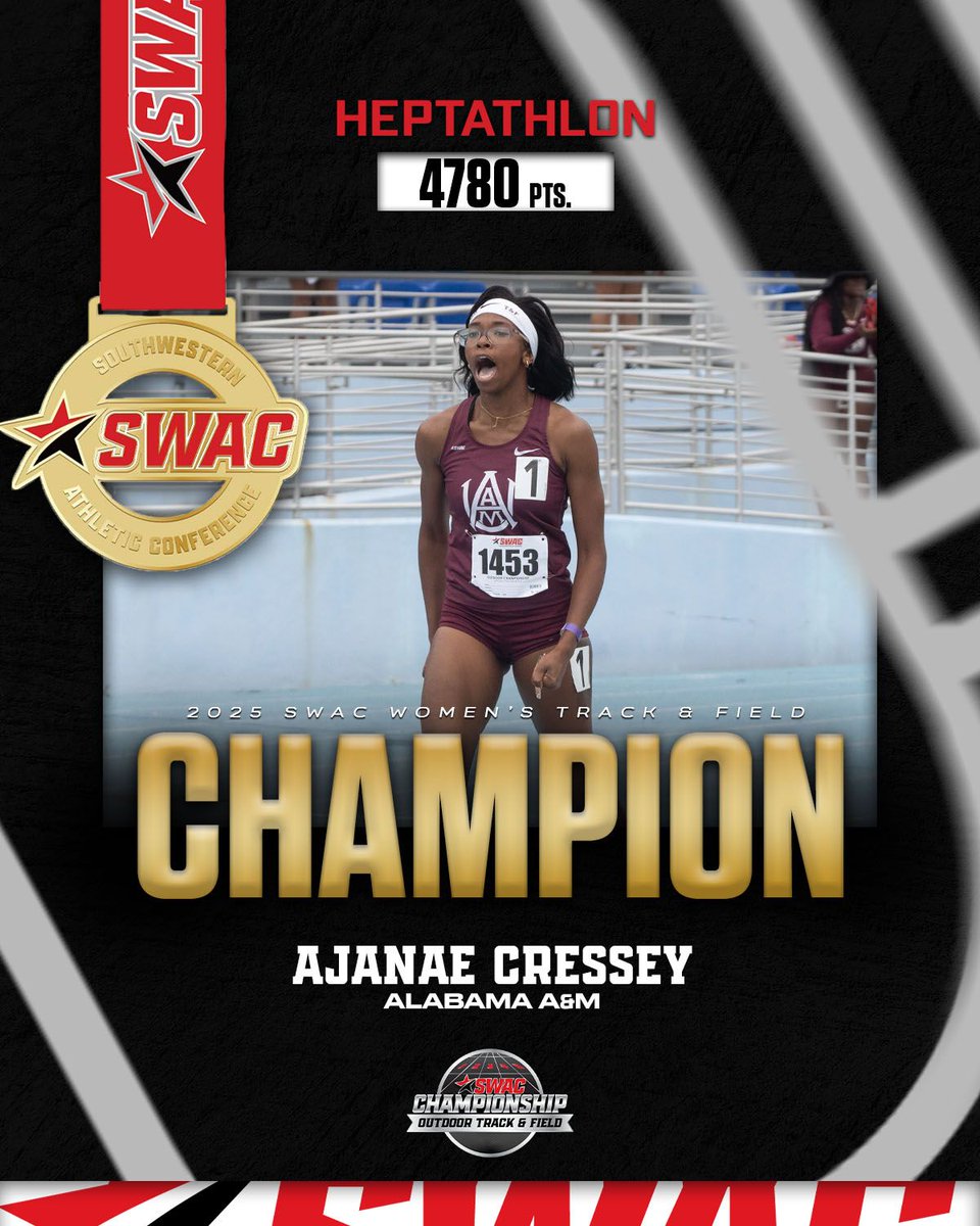 🥇 𝐒𝐖𝐀𝐂 𝐂𝐡𝐚𝐦𝐩𝐢𝐨𝐧🥇

Ajanae Cressey is the winner of the #SWACOTF Women’s Heptathlon!

#SWACOTF | #BuildingChampionsForLife
