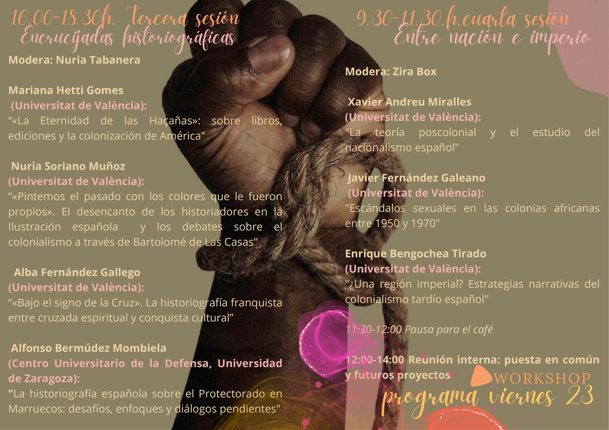(DES)RACIALHIST (@desracialhist) on Twitter photo 🗓️Entre el 22 y el 23 de mayo en la <a href="/FacGeoiH/">Facultat Geografia i Història UV</a> tendrá lugar el workshop "Imaginarios coloniales. Metodologías, narrativas y archivos", en el que participarán nuestras compañeras Carolina García Sanz, Ester García Moscardó y <a href="/Albafergallego/">Alba Fernández Gallego</a>. 🗓️Entre el 22 y el 23 de mayo en la <a href="/FacGeoiH/">Facultat Geografia i Història UV</a> tendrá lugar el workshop "Imaginarios coloniales. Metodologías, narrativas y archivos", en el que participarán nuestras compañeras Carolina García Sanz, Ester García Moscardó y <a href="/Albafergallego/">Alba Fernández Gallego</a>.