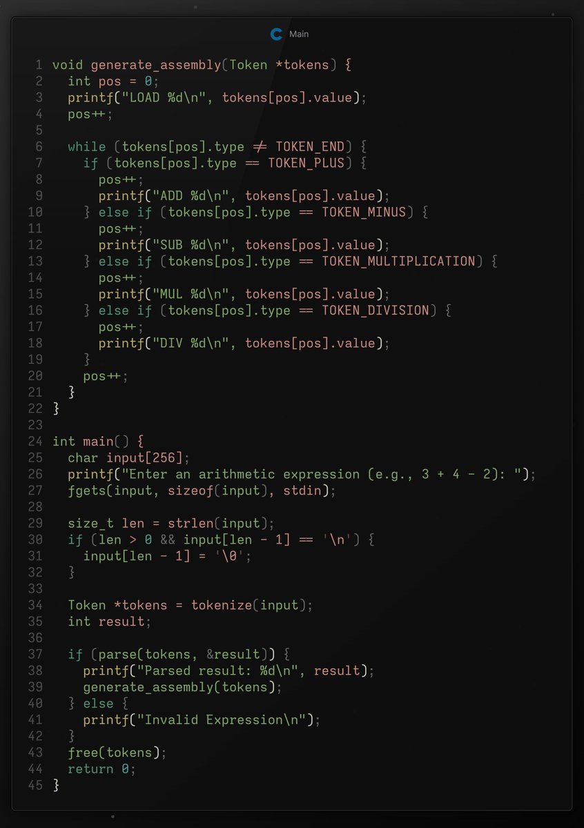 _trish_xD's tweet image. Build your own arithmetic expression compiler in C

- tokenizes expressions (lexical analysis)
- parses and evaluates simple math expressions
- generates assembly-like code output
- demonstrates core compiler construction principles

source code: github.com/dexter-xD/proj…