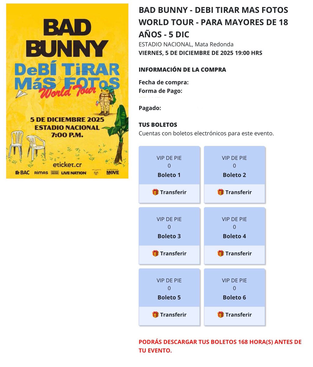 Se venden 6 entradas 

VIP PIE 

5 Diciembre Bad Bunny  Costa Rica🎫

Se puede transferir en persona. 

Info DM