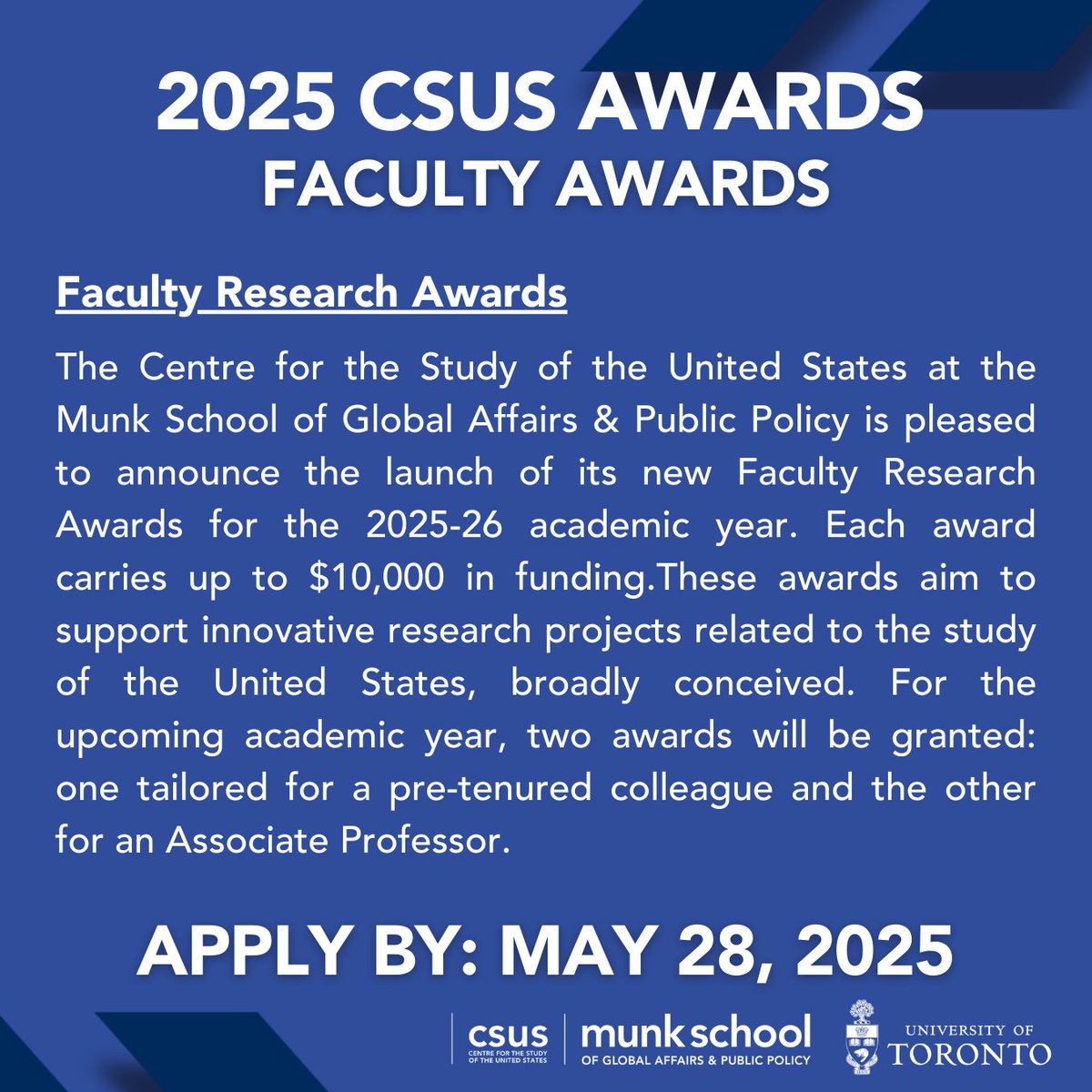 CSUS Awards DUE DATE EXTENDED! Make sure to apply by the new date of May 28th. 🎉 Open to UofT undergrads, grads &amp; faculty across all campuses and disciplines. Up to $6,000 available! Apply by May 28! 👉 munkschool.utoronto.ca/csus/student-a…