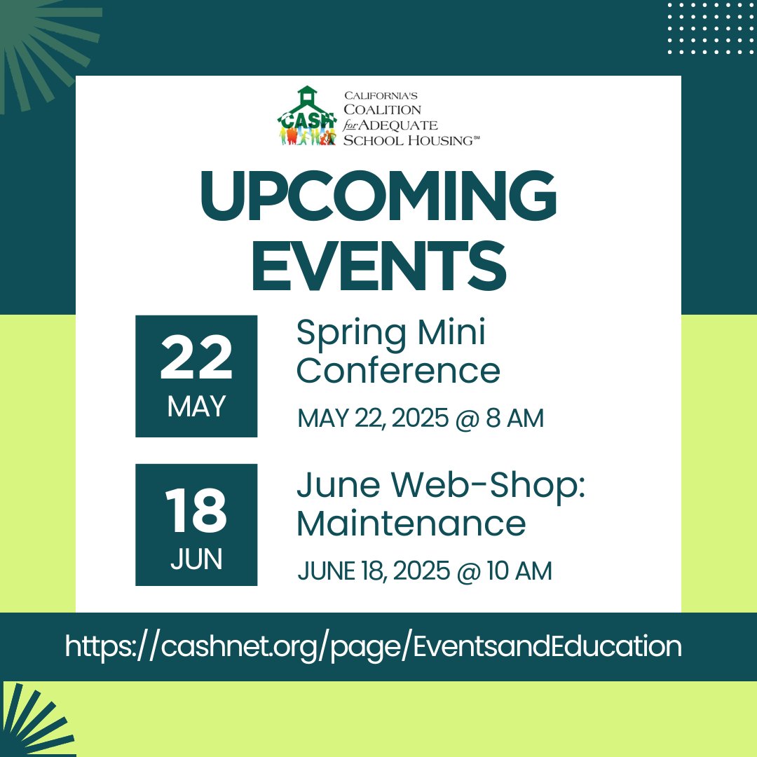 Mark your calendars! Here are some of CASH's upcoming events. Don't forget to register for these through our website! cashnet.org
