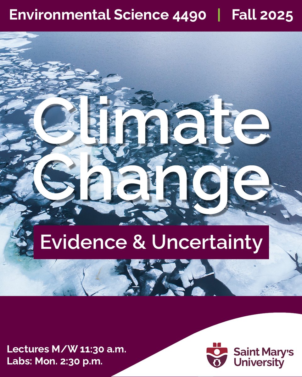 ENVS 4490 - Climate Change: Evidence &amp; Uncertainty.
Students review scientific evidence for climate change, and its natural and anthropogenic attributions. Join us this fall! Lectures Mon &amp; Wed @ 11:30 a.m.
Labs on Mon @ 2:30. For more information, email aldona.wiacek@smu.ca.