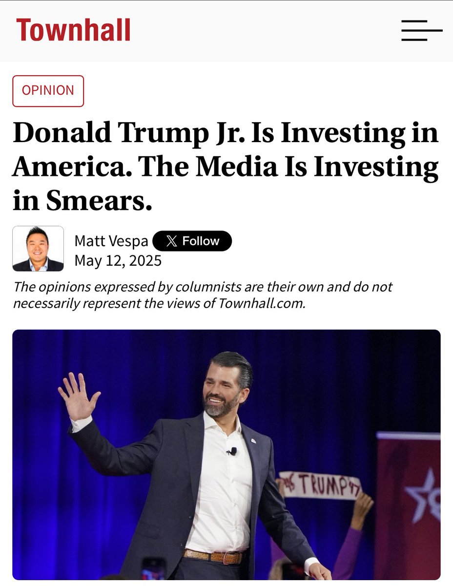 Townhall.com (@townhallcom) on Twitter photo .<a href="/DonaldJTrumpJr/">Donald Trump Jr.</a> joins a private investment firm to fund American companies — and the media cries scandal.
No taxpayer money. No foreign boards. No favors.
Just business.
The real story? The press can’t handle Trump-world winning without them.
Read the takedown: 👇 .<a href="/DonaldJTrumpJr/">Donald Trump Jr.</a> joins a private investment firm to fund American companies — and the media cries scandal.
No taxpayer money. No foreign boards. No favors.
Just business.
The real story? The press can’t handle Trump-world winning without them.
Read the takedown: 👇