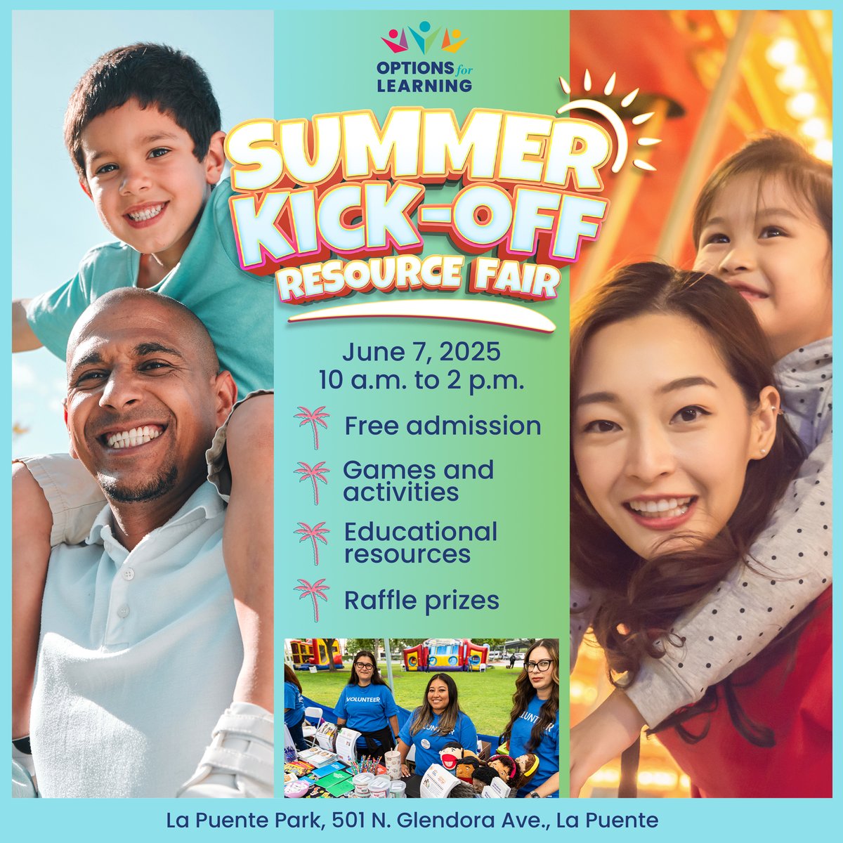 ☀️ Ready to kick off summer with fun and resources? Join us at our Summer Kick-off Resource Fair — a free, family-friendly event open to the public! 🎉

📍 La Puente | Saturday, June 7 | 10 a.m. to 2 p.m.
🎨 Games, prizes, community resources, info booths — and more!
📝 Have