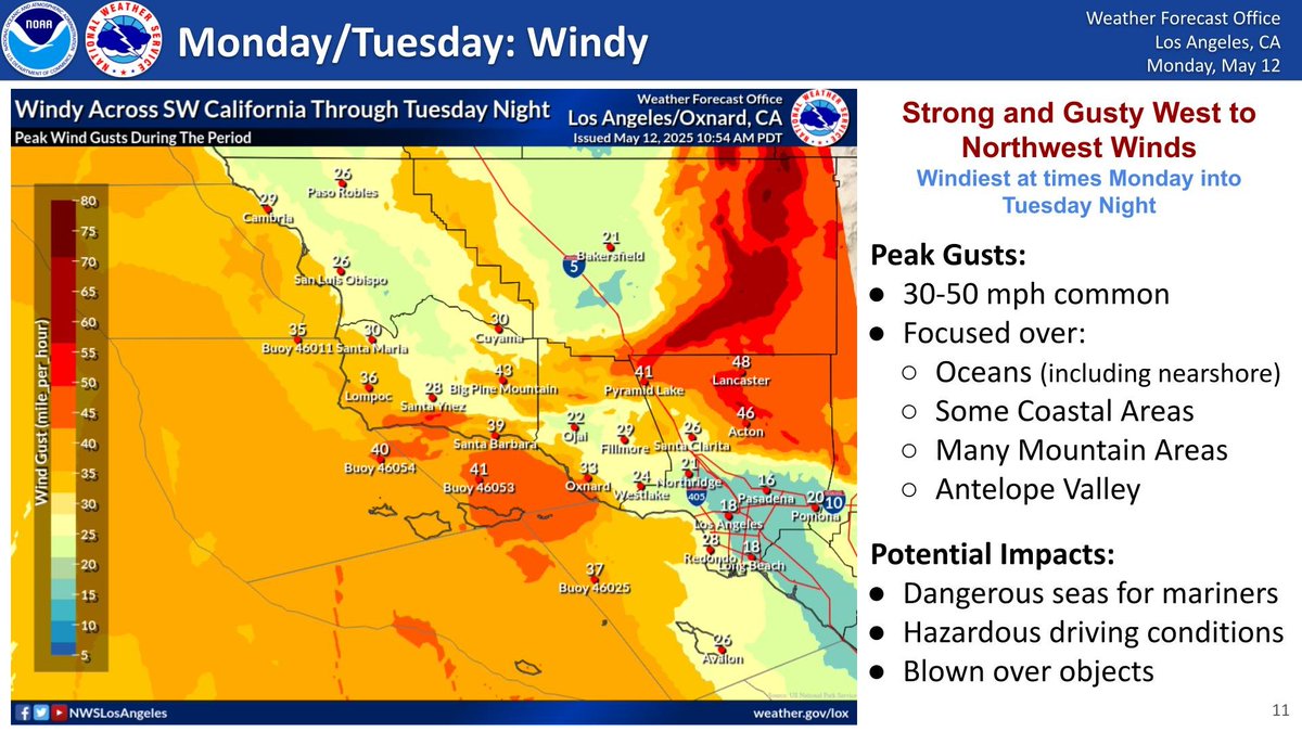 Strong and gusty winds will affect portions of SW California and the coastal waters through Tuesday night. Hazardous driving conditions can be expected in the windiest areas. There will also be dangerous seas for mariners. #LAWeather #cawx