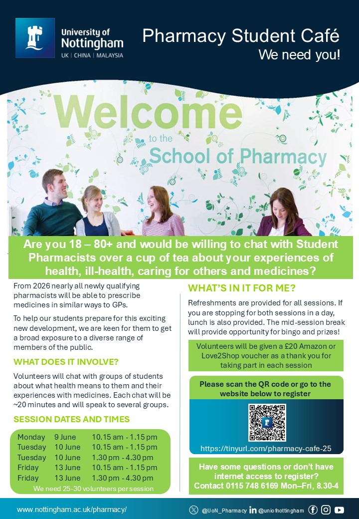 Matthew Boyd đź’™ (he/him) (@matthew_boyd) on Twitter photo Are you in and around the Nottingham Area? Would you be interested in coming into the University of Nottingham to chat with Student Pharmacists about your experiences of health, ill-health, caring for others and medicines?
To sign up please go to nottinghampharmacy.fra1.qualtrics.com/jfe/form/SV_6J… Are you in and around the Nottingham Area? Would you be interested in coming into the University of Nottingham to chat with Student Pharmacists about your experiences of health, ill-health, caring for others and medicines?
To sign up please go to nottinghampharmacy.fra1.qualtrics.com/jfe/form/SV_6J…