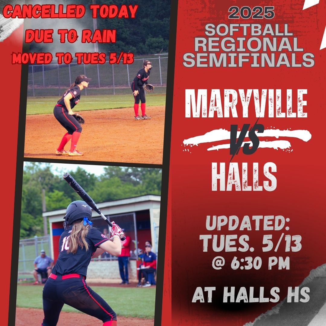 Todays game cancelled and rescheduled for TOMORROW Tuesday 5/13 @ 6:30pm at Halls High School