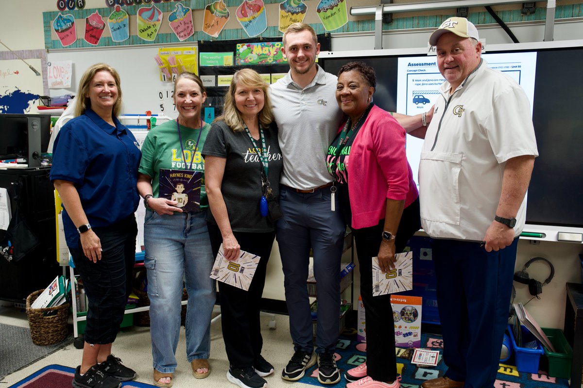 LongviewISD's tweet photo. Haynes King, Coach King, and Jodie King surprised former teachers of Haynes with a signed copy of his new children's book. Haynes visited Mrs. Martin, Mrs. Small, Mrs. Blacklock , Mrs. Hamilton, and Ms. Allen to surprise each one to thank them for believing in him. https://t.co/WTEEJcA6wG
