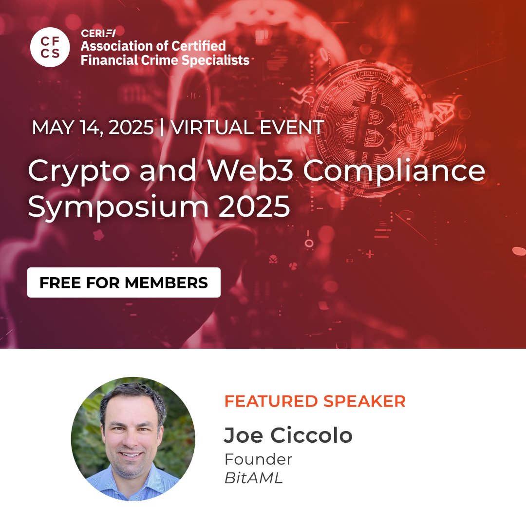 🚨 Exciting news! 🚨 Joe Ciccolo, Founder &amp; President of BitAML, is a featured speaker at the 2025 ACFCS Crypto &amp; Web3 Compliance Symposium! He’ll moderate "Crypto Scams &amp; Consumer Safeguards" on May 14. Free for ACFCS members! 🔍⚖️ #CryptoCompliance #AML #ACFCS