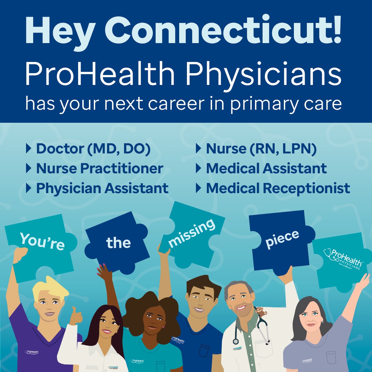 At ProHealth Physicians we are looking for doctors, physician assistants, nurse practitioners, nurses, medical assistants, and medical receptionists to join our primary care teams in Connecticut. 

📷Start your career at ProHealth Physicians: prohealthmd.com/careerspcp