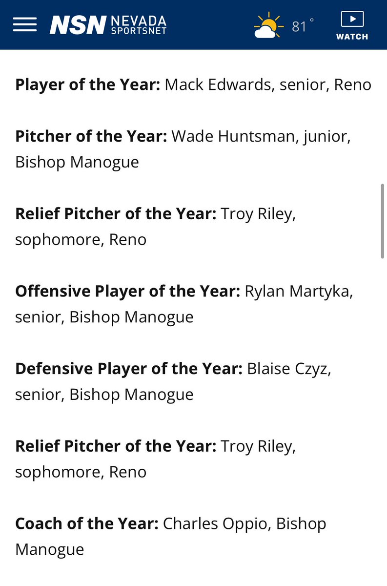Rylan Martyka (@martykarylan) on Twitter photo Blessed to received Northern Nevada Offensive Player of the Year for the 2025 season! Couldnโt have done it without my teammates and coaches!ใฝ๏ธ
<a href="/chasoppio/">Charles Oppio</a> <a href="/Manoguebaseball/">Bishop Manogue Baseball</a> <a href="/nnvbaseballclub/">Northern Nevada Baseball Club</a> <a href="/PrepBaseballNV/">Prep Baseball Nevada</a> <a href="/CoachHarrisNCSA/">Davide Harris</a> <a href="/OhloneBaseball/">Mike Curran / Ohlone Coll Baseball</a> <a href="/Trever_berg11/">Trever Berg</a> <a href="/coachg4040/">Rich Gregory</a> Blessed to received Northern Nevada Offensive Player of the Year for the 2025 season! Couldnโt have done it without my teammates and coaches!ใฝ๏ธ
<a href="/chasoppio/">Charles Oppio</a> <a href="/Manoguebaseball/">Bishop Manogue Baseball</a> <a href="/nnvbaseballclub/">Northern Nevada Baseball Club</a> <a href="/PrepBaseballNV/">Prep Baseball Nevada</a> <a href="/CoachHarrisNCSA/">Davide Harris</a> <a href="/OhloneBaseball/">Mike Curran / Ohlone Coll Baseball</a> <a href="/Trever_berg11/">Trever Berg</a> <a href="/coachg4040/">Rich Gregory</a>