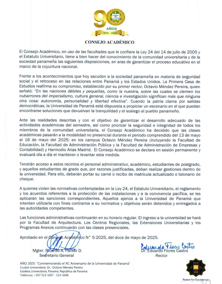 UNIVERSIDAD_PMA's tweet image. Disposiciones del Consejo Académico de la Universidad de Panamá, para conocimiento de la comunidad universitaria.