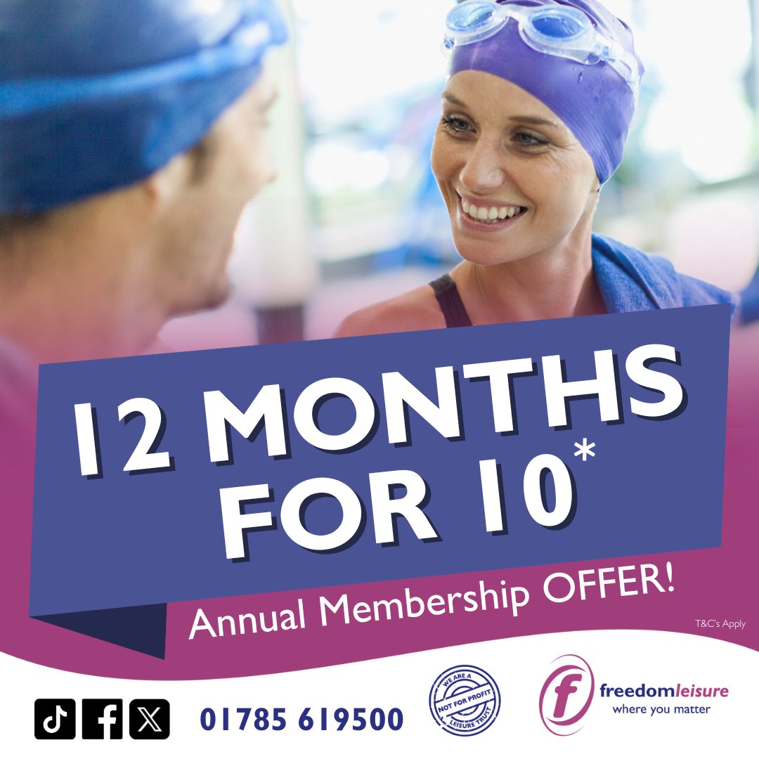 GET 12 MONTHS FOR THE PRICE OF 10 at Stafford Leisure Centre - To find out more on annual membership offers for gym, swim and exercise classes access click here - ow.ly/1ZNw50VP4m9