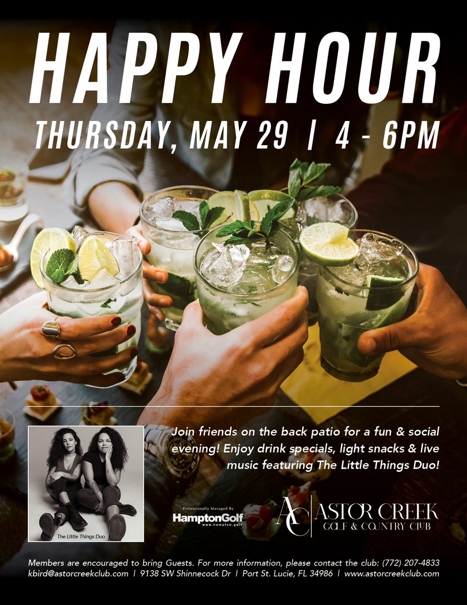 🍹 Join friends on the back patio for a fun &amp; social evening! Enjoy drink specials, light snacks &amp; live music featuring 🎶 The Little Things Duo!

Thursday, May 29 | 4 - 6PM
📍Back Patio

For more information, please contact the club: (772) 207-4833