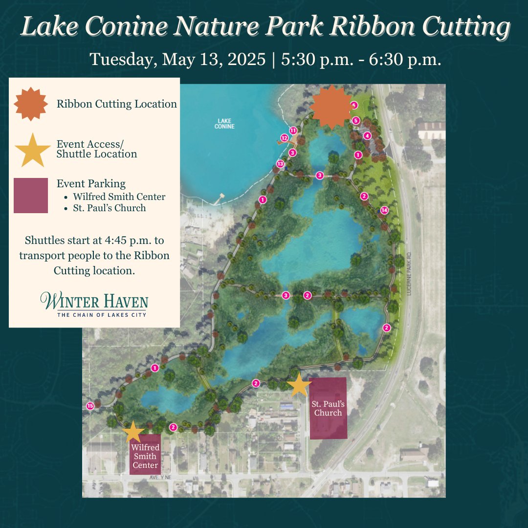 We’re just one day away! Join us tomorrow, May 13 at 5:30 p.m. for the ribbon cutting of Lake Conine Nature Park.

🚍Parking is available at St. Paul’s Church and the Wilfred Smith Resource Center, with shuttles beginning at 4:45 p.m.

📍See the map for parking &amp; shuttle details!