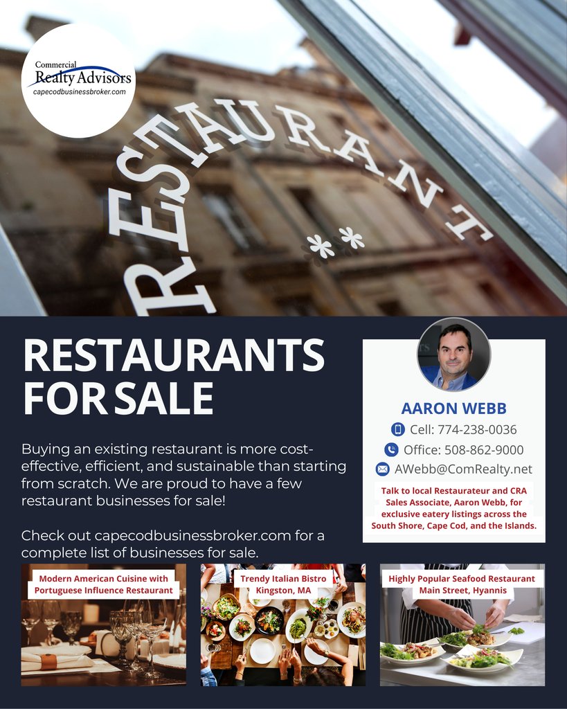 ComRealtyNet's tweet image. 🔒 Confidential Listings
👨‍🍳 Listed by @Aaron Webb, Local Restaurant Owner (@The Daily Paper)
📞 Call 508-862-9000 to learn more
📍 Serving Cape Cod &amp;amp; Southeastern MA

#RestaurantForSale #CapeCodRestaurants #ConfidentialSale #BusinessBrokerage #CapeCodBiz #CommercialRealtyAdvisors