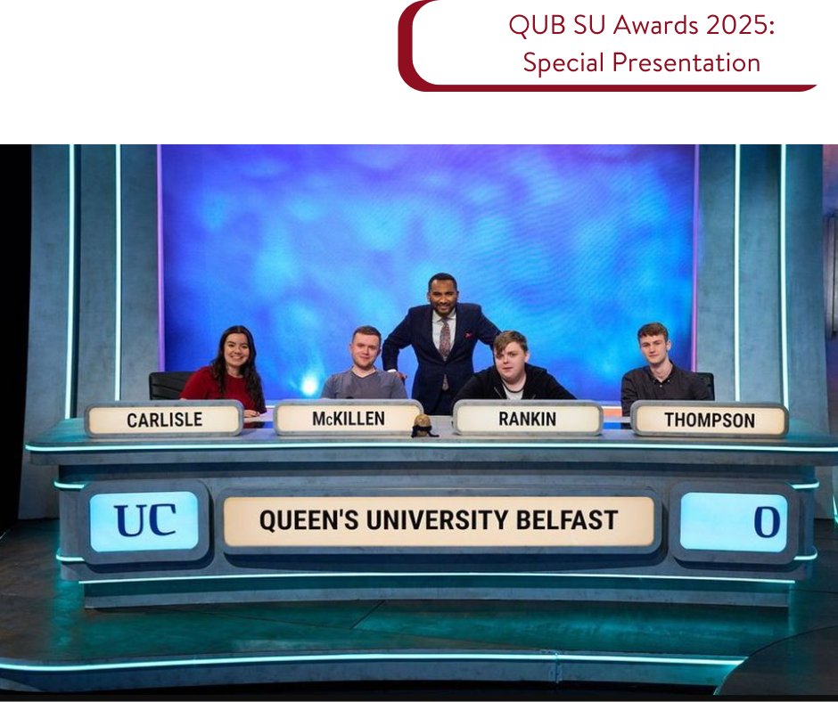 🌟We are delighted to announce that the 2024/25 QUB #UniversityChallenge team (Adam Exley, Daniel Rankin, Jason McKillen, Sam Thompson &amp; Sarah Carlisle) will each receive an Individual Achievement Award for representing Queen’s - the tied-best result for QUB in over 40 years! 🌟