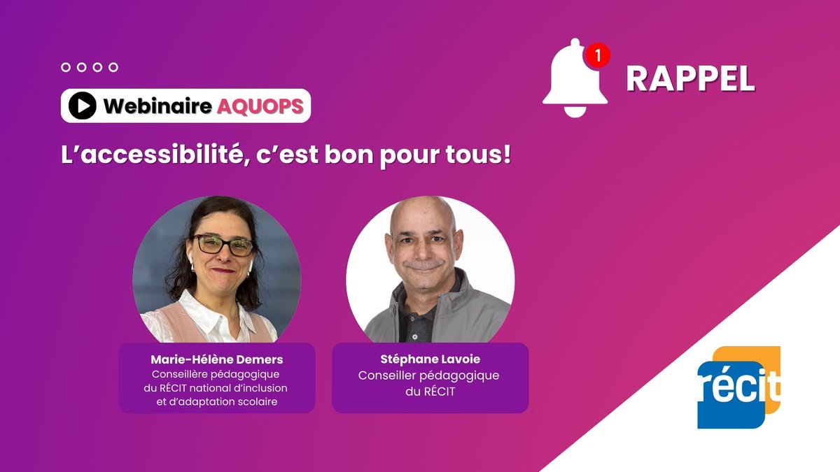🎯 Accessibilité : comment faire mieux sans tout refaire?

Ce mercredi | 14 mai, de 12 à 13 h
Marie-Hélène et Stéphane guideront à travers des critères et des outils pour créer ou choisir des ressources numériques accessibles à tous les élèves.

 S'inscrire :
👉