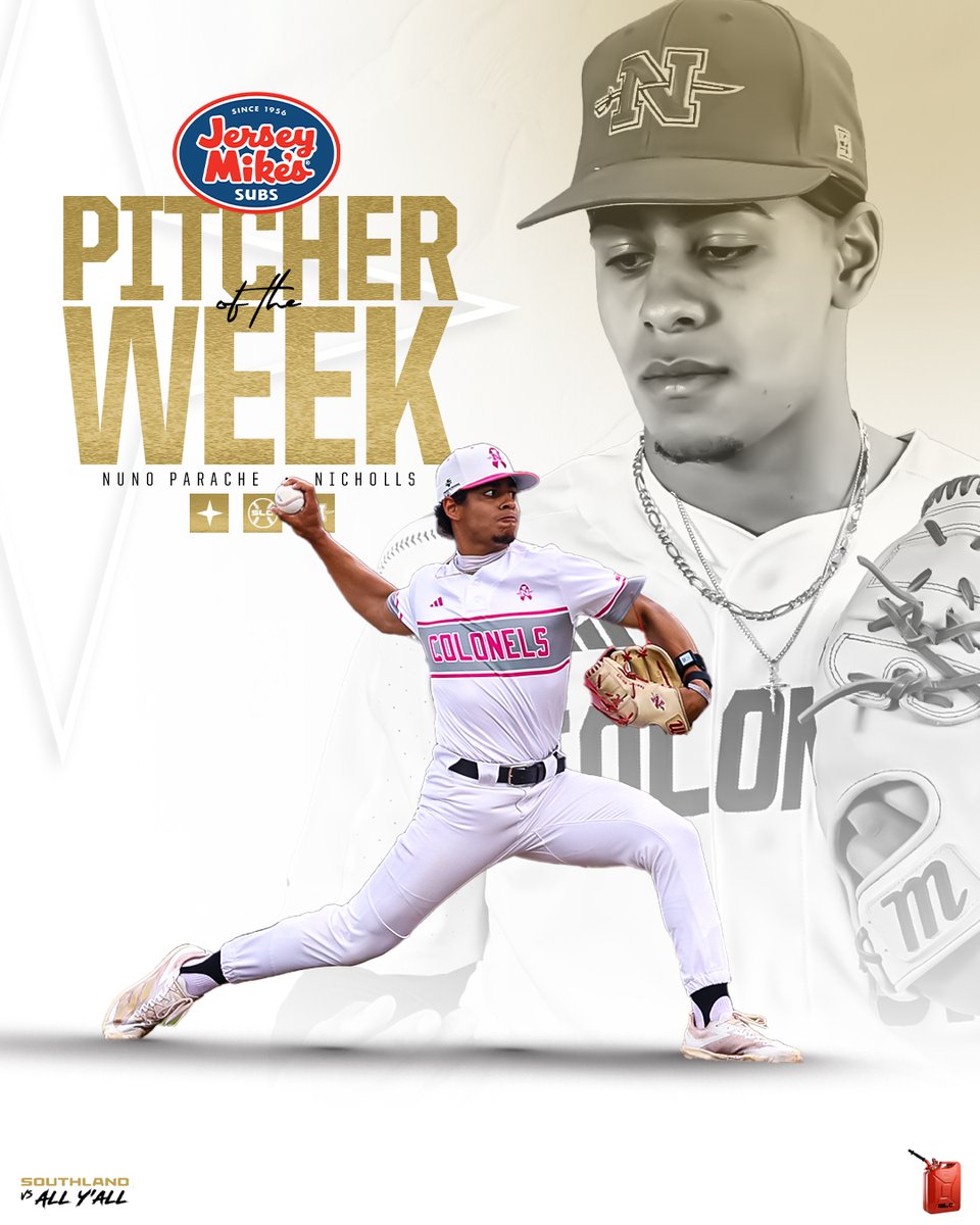 Southland Conference (@southlandsports) on Twitter photo FLAMETHROWING DOMINANCE
After striking out 10 batters and only allowing two hits in a shortened complege game shutout, <a href="/Nicholls_BSB/">Nicholls Baseball</a> RHP Nuno Parache was named the <a href="/jerseymikes/">Jersey Mike's Subs</a> Southland Pitcher of the Week!
#GTL FLAMETHROWING DOMINANCE
After striking out 10 batters and only allowing two hits in a shortened complege game shutout, <a href="/Nicholls_BSB/">Nicholls Baseball</a> RHP Nuno Parache was named the <a href="/jerseymikes/">Jersey Mike's Subs</a> Southland Pitcher of the Week!
#GTL