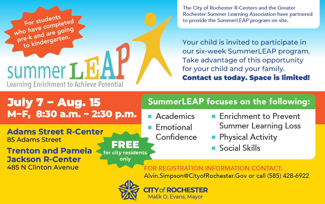 DRHS585's tweet photo. Registration is still open for the 2025 Summer LEAP program! This free six-week program is offered to City of Rochester residents whose children have completed Pre-K and will be entering kindergarten this fall.

#DRHS #summerleap #learn #achieve https://t.co/B65ZFSnMQA