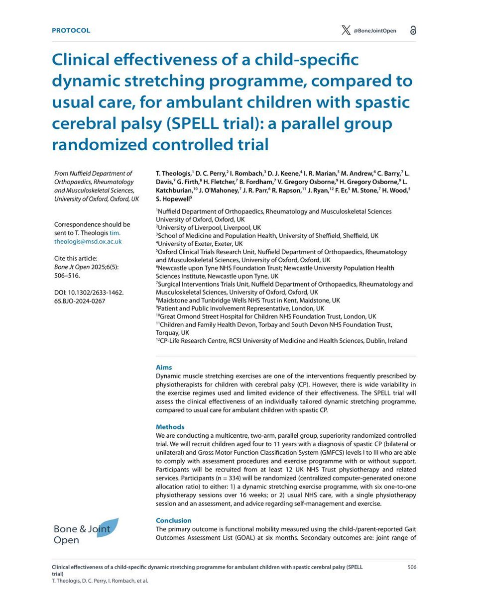 Dan Perry (@mrdanperry) on Twitter photo SPELL Trial protocol published. 📖
Maximising outcomes for children affected by cerebral palsy.
Recruitment strong 🙏 - a real collaboration of NHS community and secondary care services 💪.
boneandjoint.org.uk/Article/10.130…
TOTSresearch.org
<a href="/NIHRresearch/">National Institute for Health and Care Research</a> <a href="/SITU_Oxford/">SITU Oxford</a> SPELL Trial protocol published. 📖
Maximising outcomes for children affected by cerebral palsy.
Recruitment strong 🙏 - a real collaboration of NHS community and secondary care services 💪.
boneandjoint.org.uk/Article/10.130…
TOTSresearch.org
<a href="/NIHRresearch/">National Institute for Health and Care Research</a> <a href="/SITU_Oxford/">SITU Oxford</a>