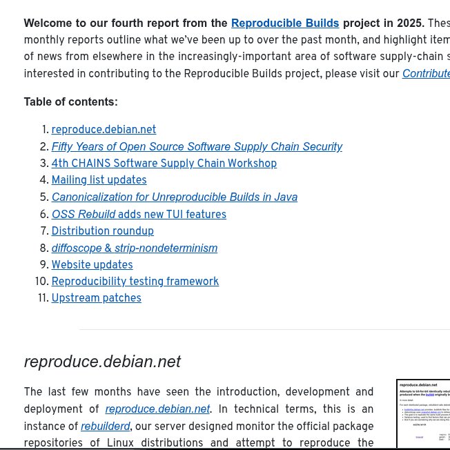 ReproBuilds's tweet image. Hey! Here&apos;s happened in the @ReproBuilds effort in the past month! reproducible-builds.org/reports/2025-0…
