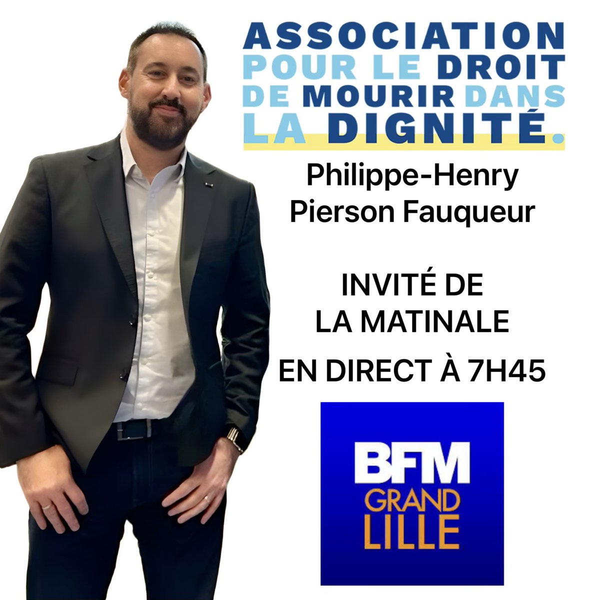 Notre délégué régional <a href="/PH_PF59/">PH Pierson Fauqueur</a> sera l’invité de la matinale de <a href="/BFMGrandLille/">BFM Grand Lille</a> ce mardi 13 mai à 7h45.

Il s’exprimera sur l’étude en cours du projet de loi relatif à la fin de vie et au droit de mourir dans la dignité.

#ADMD #Dignité #FinDeVie #BFM #HautsDeFrance