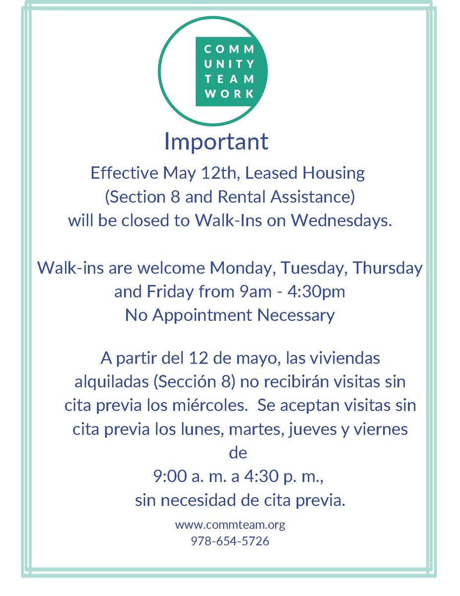 NTOTICE -- Beginning Today -- Wednesday Closures for Section 8 and Rental Assistance Walk-Ins.