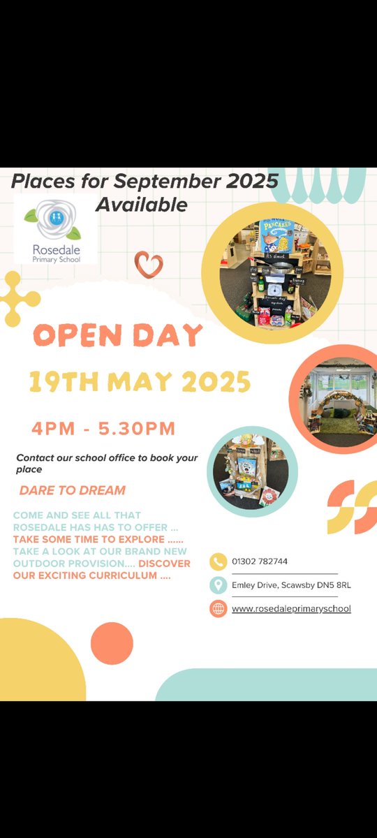 📢📢 Please share if you know any families who are still looking for Reception or Nursary places for September 2025. Come and see what Rosedale has to offer! Just contact our school office to book your place. 📢📢