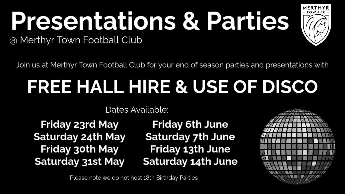 The Martyrs (@merthyrtownfc) on Twitter photo ๐ชฉ ๐๐ฅ๐๐ ๐ฅ๐ข๐ข๐ ๐๐๐ฅ๐ @ ๐ ๐ง๐๐!
We are offering FREE ROOM HIRE & USE OF DISCO on the below dates in May & June. So whether you have a awards evening, or another celebration, spend it with us at Merthyr Town Football Club!
๐ง events@merthyrtownfc.co.uk
๐ 01685 359074 ๐ชฉ ๐๐ฅ๐๐ ๐ฅ๐ข๐ข๐ ๐๐๐ฅ๐ @ ๐ ๐ง๐๐!
We are offering FREE ROOM HIRE & USE OF DISCO on the below dates in May & June. So whether you have a awards evening, or another celebration, spend it with us at Merthyr Town Football Club!
๐ง events@merthyrtownfc.co.uk
๐ 01685 359074