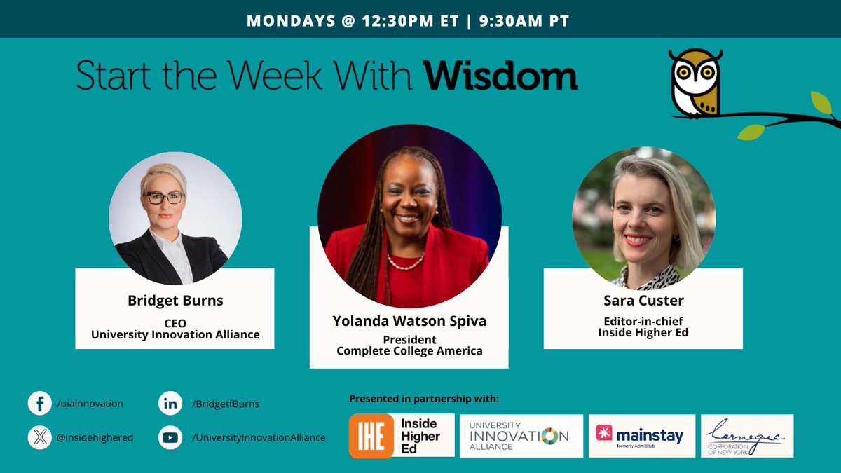 Inside Higher Ed (@insidehighered) on Twitter photo 🔴 Previously Live | Enjoy today's inspiring #WeeklyWisdom episode featuring <a href="/CompleteCollege/">Complete College America | CCA</a>'s president, <a href="/CCAPrezYolanda/">Dr. Yolanda Watson Spiva</a>, with <a href="/insidehighered/">Inside Higher Ed</a> Editor-in-Chief <a href="/sarakcuster/">Sara Custer</a> & <a href="/BBurnsEDU/">Dr. Bridget Burns</a>, CEO of <a href="/UIAinnovation/">University Innovation Alliance (UIA)</a>: bit.ly/4jOh9t9
#sponsored by <a href="/hey_mainstay/">Mainstay</a> & <a href="/CarnegieCorp/">Carnegie Corporation of New York</a> 🔴 Previously Live | Enjoy today's inspiring #WeeklyWisdom episode featuring <a href="/CompleteCollege/">Complete College America | CCA</a>'s president, <a href="/CCAPrezYolanda/">Dr. Yolanda Watson Spiva</a>, with <a href="/insidehighered/">Inside Higher Ed</a> Editor-in-Chief <a href="/sarakcuster/">Sara Custer</a> & <a href="/BBurnsEDU/">Dr. Bridget Burns</a>, CEO of <a href="/UIAinnovation/">University Innovation Alliance (UIA)</a>: bit.ly/4jOh9t9
#sponsored by <a href="/hey_mainstay/">Mainstay</a> & <a href="/CarnegieCorp/">Carnegie Corporation of New York</a>