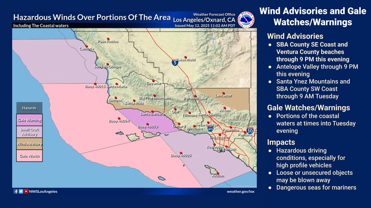 Wind Advisories and Gale Watches/Warnings are in effect across the area into Tuesday. #LAWeather #cawx