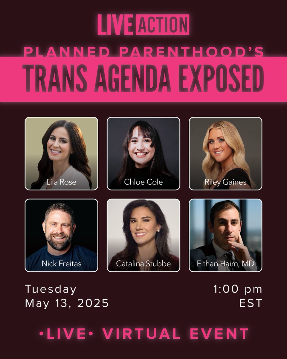 LiveAction's tweet image. Don't miss this live virtual event tomorrow exposing Planned Parenthood's trans agenda. 🚨

The event will include de-transitoner @ChoooCole, @Riley_Gaines_, @NickJFreitas, @LilaGraceRose,  @EithanHaim, and @CatalinaStubbe! 

RSVP here: liveaction.org/planned-parent…