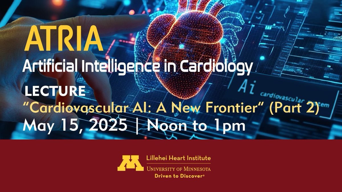 Lillehei Heart Institute (@lilleheihrt) on Twitter photo Join us for the second installment of the ATRIA lecture series on May 15, 2025, from noon to 1pm in Moos 2-620. Can't make it in person? Watch live via Zoom: z.umn.edu/atria-webcast #UMNresearch #UMNheart Join us for the second installment of the ATRIA lecture series on May 15, 2025, from noon to 1pm in Moos 2-620. Can't make it in person? Watch live via Zoom: z.umn.edu/atria-webcast #UMNresearch #UMNheart