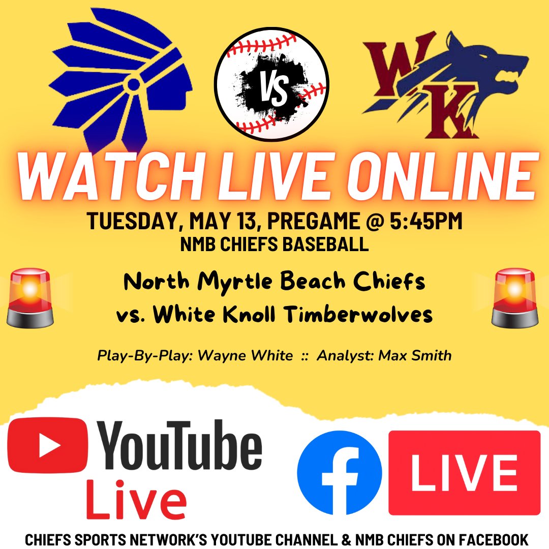 North Myrtle Beach Chiefs Sports Network (@nmbchiefsonline) on Twitter photo The <a href="/DiamondChiefs/">Coach BA. Alderson</a> and <a href="/WKHSBaseball/">White Knoll Baseball</a> will now play at 6pm Tuesday at NMBHS. We will broadcast LIVE on the Chiefs Sports Network beginning at 5:45pm on Facebook @ NMB Chiefs and on YouTube @ Chiefs Sports Network. <a href="/jwedrasc/">Joe Wedra</a> <a href="/KnollAthletics/">White Knoll Athletics</a> <a href="/wk_timberwolves/">WhiteKnollHighSchool</a> <a href="/LouatTheState/">Lou Bezjak</a> The <a href="/DiamondChiefs/">Coach BA. Alderson</a> and <a href="/WKHSBaseball/">White Knoll Baseball</a> will now play at 6pm Tuesday at NMBHS. We will broadcast LIVE on the Chiefs Sports Network beginning at 5:45pm on Facebook @ NMB Chiefs and on YouTube @ Chiefs Sports Network. <a href="/jwedrasc/">Joe Wedra</a> <a href="/KnollAthletics/">White Knoll Athletics</a> <a href="/wk_timberwolves/">WhiteKnollHighSchool</a> <a href="/LouatTheState/">Lou Bezjak</a>