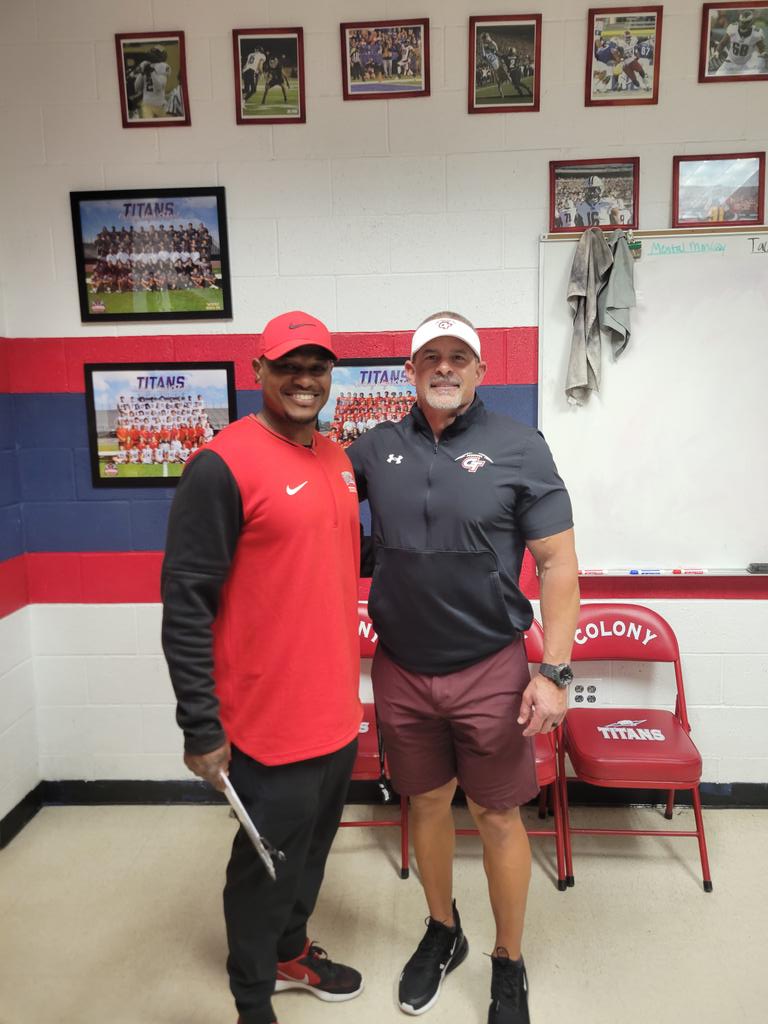 I liked to thank <a href="/Coach_Weston/">Coach Weston</a> <a href="/DelSt_Football/">Delaware State FB</a> <a href="/DeSeanJackson10/">Desean Jackson</a> for stopping by Colony HS to recruit our next level student-athletes. Looking forward to continue the relationship. <a href="/ColonyTitans_FB/">Colony Titans Football</a> <a href="/CoachImbach24/">Devan Imbach</a> <a href="/CoachEDrennen/">Eric Drennen</a> <a href="/CoachTufunga/">Sifa Tufunga</a> <a href="/CoachOKeefe/">Coach O’Keefe</a>